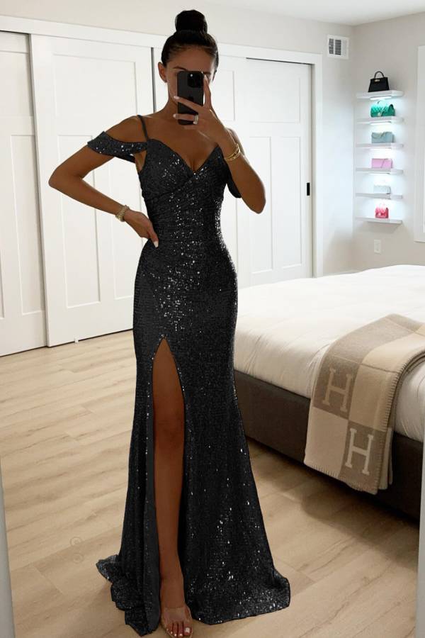 Paillettenspitze Meerjungfrau Abschlussballkleider mit Schlitz Off-Shoulder Abendkleid