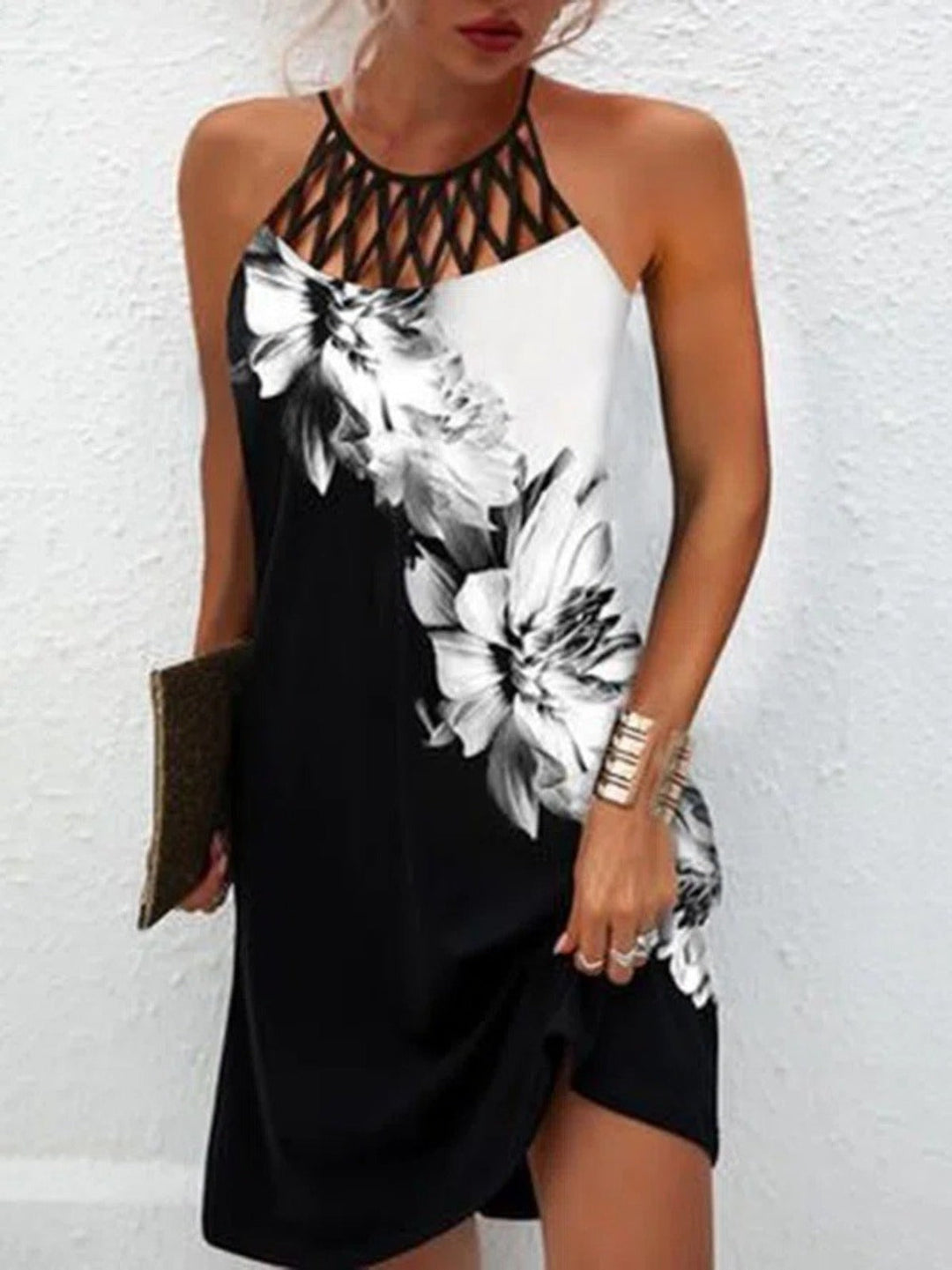 Shopnory | Positionierung Bedrucktes Mesh Strap Ärmelloses Kleid