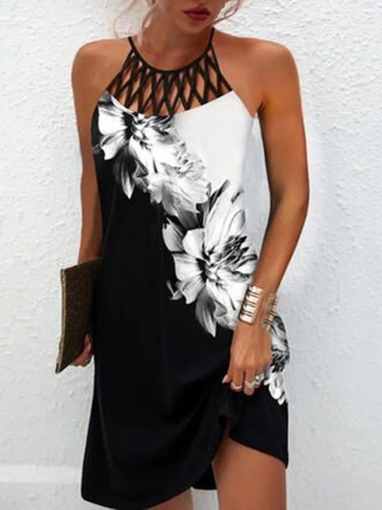 Shopnory | Positionierung Bedrucktes Mesh Strap Ärmelloses Kleid
