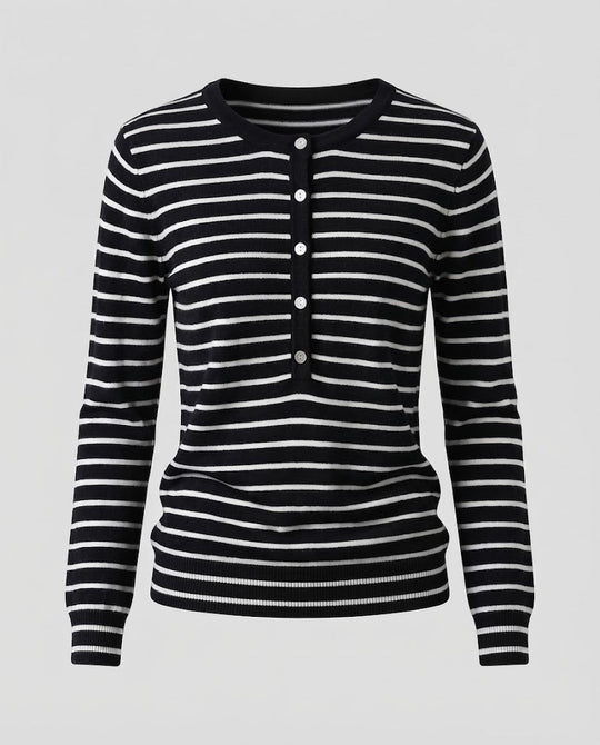 Damen Gestreifter Henley-Feinstrickpullover mit Knopfleiste Shop Nory