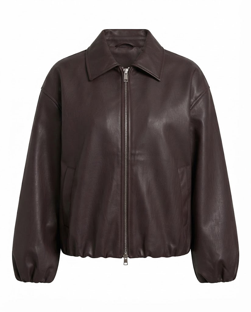 Damen Oversized Lederlook Blouson mit Hemdkragen, Reißverschluss und elastischem Saum Shop Nory