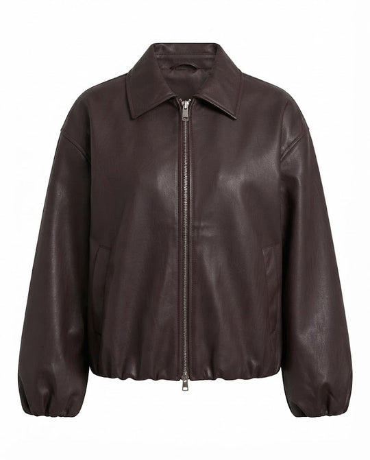 Damen Oversized Lederlook Blouson mit Hemdkragen, Reißverschluss und elastischem Saum Shop Nory