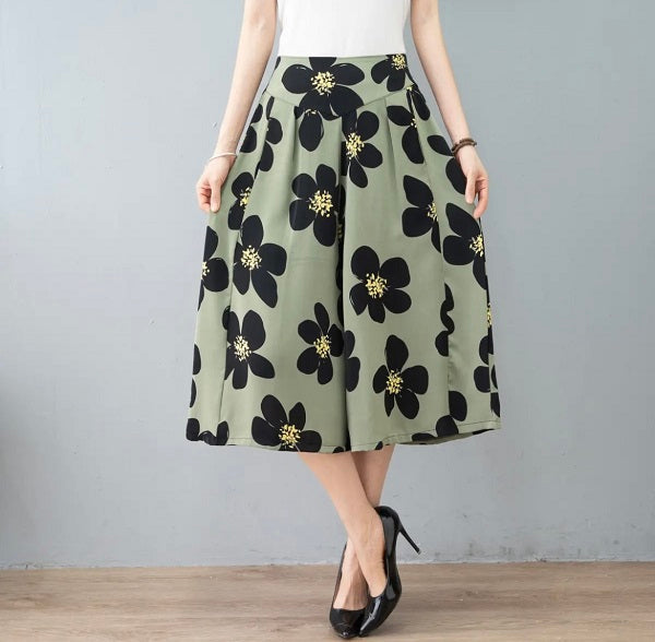 Damen Chiffon Culottes mit Breiten Beinen und Hoher Elastischer Taille