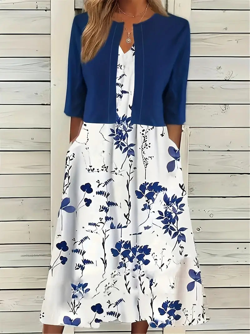 Shopnory | Elegante Zweiteilige Blumenkleid-Set mit Einfarbigem Crop-Top und Rundhalskleid