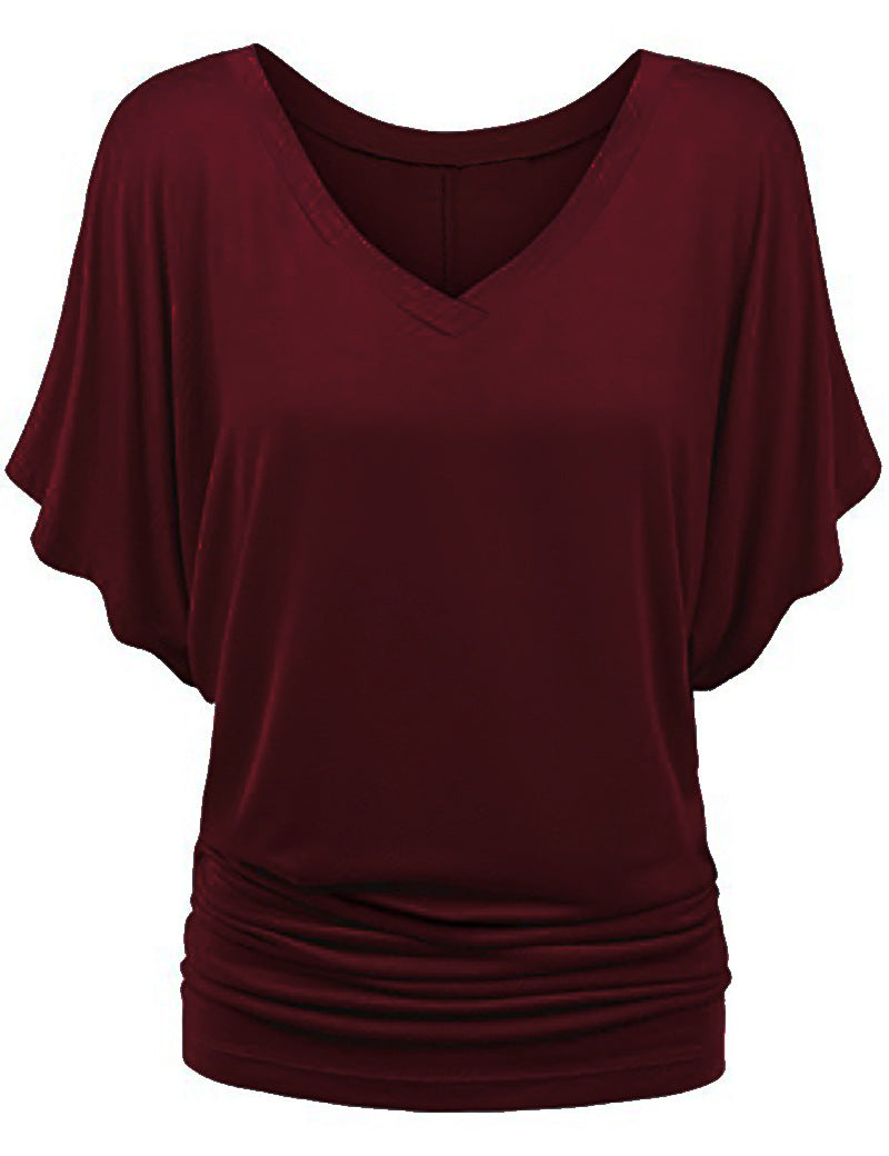 Damen lässiges V-Ausschnitt T-Shirt mit drapiertem Saum