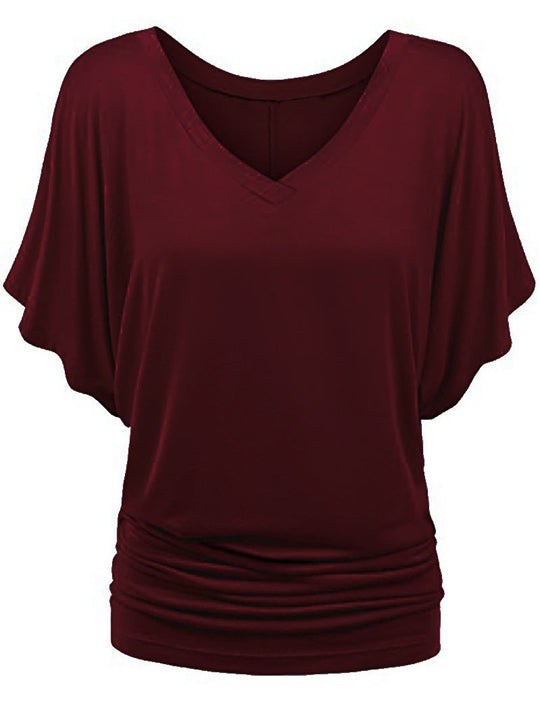 Damen lässiges V-Ausschnitt T-Shirt mit drapiertem Saum
