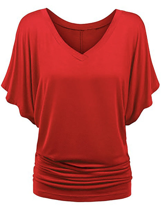 Damen lässiges V-Ausschnitt T-Shirt mit drapiertem Saum