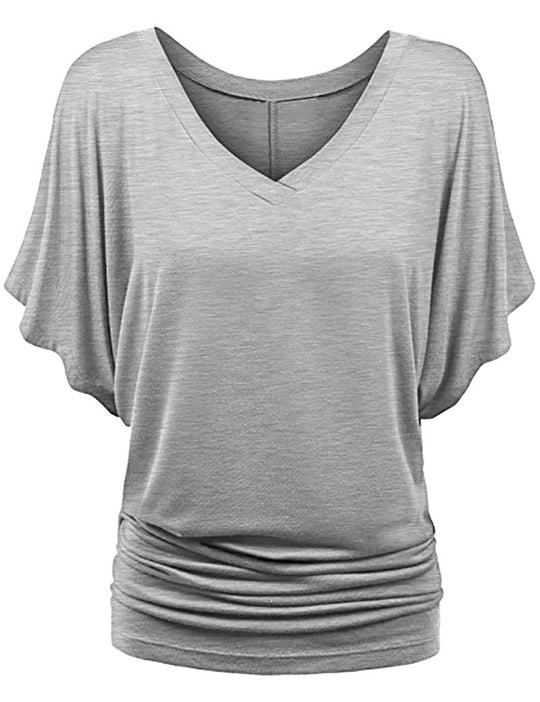 Damen lässiges V-Ausschnitt T-Shirt mit drapiertem Saum