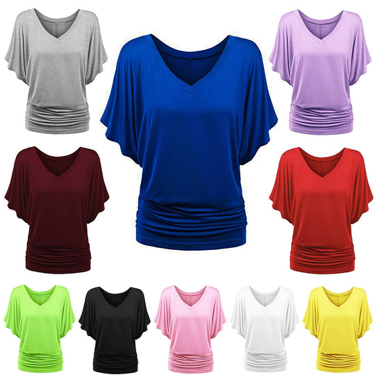 Damen lässiges V-Ausschnitt T-Shirt mit drapiertem Saum