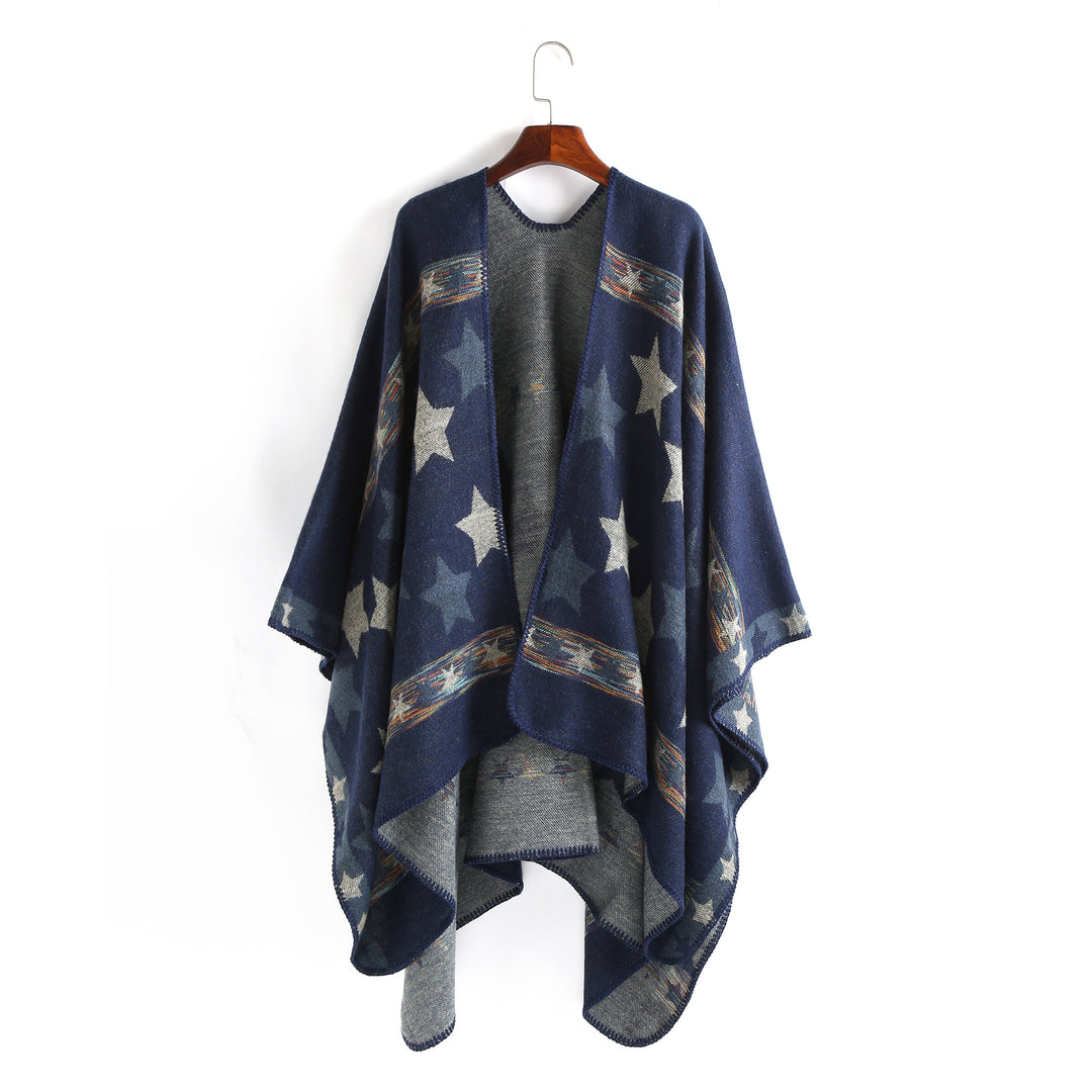 Damen Oversize-Ruana-Poncho mit Sternjacquard und Zierstichkante Shop Nory