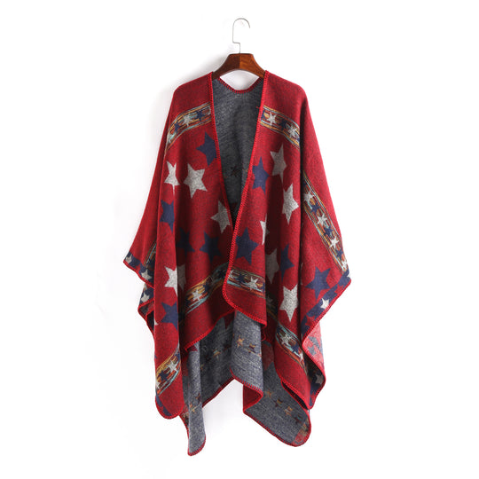 Damen Oversize-Ruana-Poncho mit Sternjacquard und Zierstichkante Shop Nory