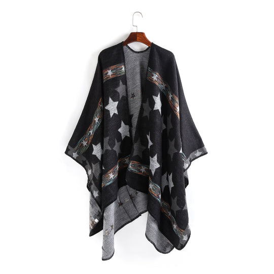 Damen Oversize-Ruana-Poncho mit Sternjacquard und Zierstichkante Shop Nory