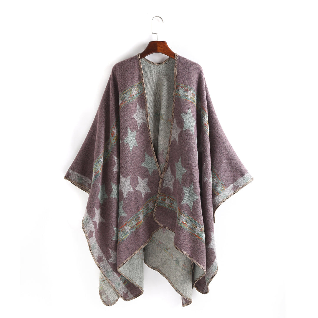 Damen Oversize-Ruana-Poncho mit Sternjacquard und Zierstichkante Shop Nory
