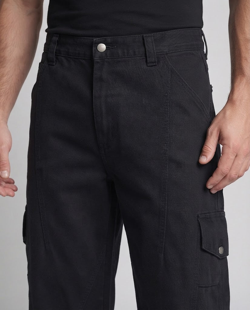 Herren Weite Utility‑Palazzo‑Cargo‑Hose aus robustem Canvas mit gerundeten Kniepaneelen und Druckknopf‑Seitentaschen Shop Nory