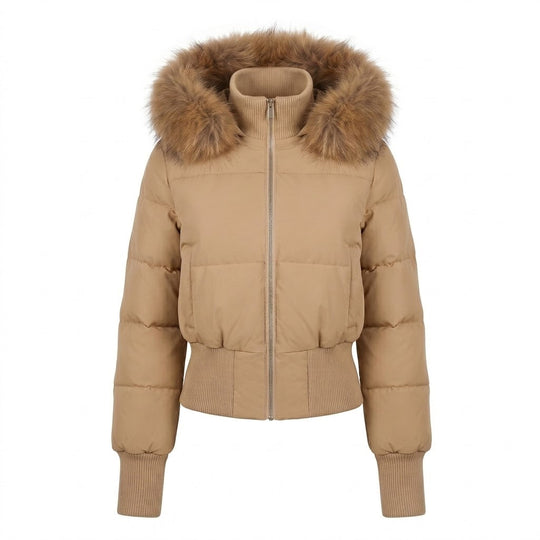 Damen Nano Short gepolsterte Kapuzen-Pufferjacke mit voluminösem Kunstfellbesatz, gerippten Bündchen und wärmender Thermofüllung