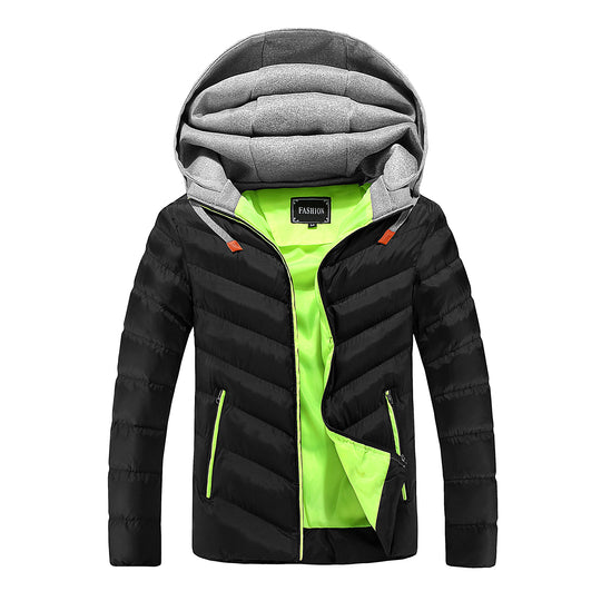 Herren Langer ultraleichter Steppmantel mit Kontrastfutter, wattierter Kapuze und Reißverschlusstaschen Shop Nory