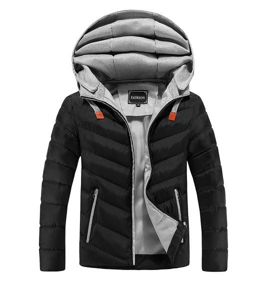 Herren Langer ultraleichter Steppmantel mit Kontrastfutter, wattierter Kapuze und Reißverschlusstaschen Shop Nory