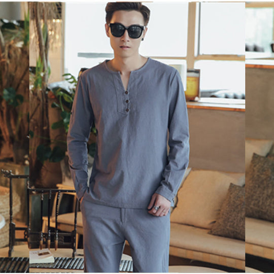 Herren Langärmeliges Henley-Loungewear-Oberteil mit Stehkragen und dekorativer Knopfleiste Shop Nory