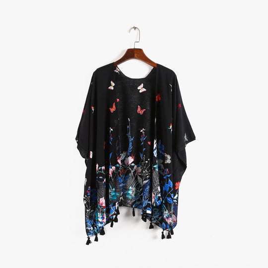 Damen Kaftan-Kimono-Überwurf mit floralem Print, Schmetterlingsstickerei und Quasten Shop Nory