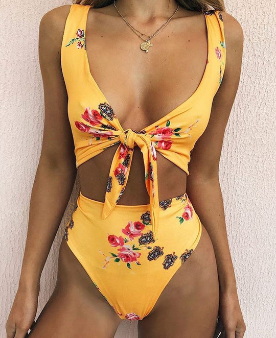 Damen Bikini-Set mit verspieltem Knoten und fruchtigem Kirschmuster Shopnory