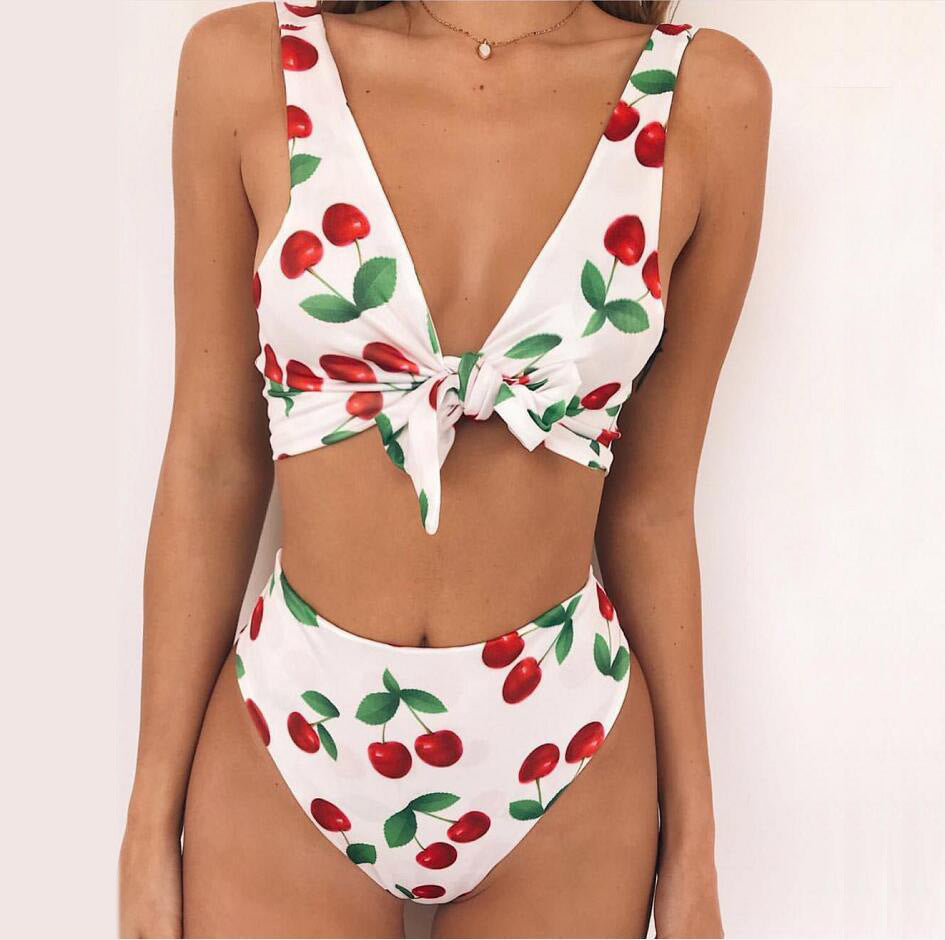 Damen Bikini-Set mit verspieltem Knoten und fruchtigem Kirschmuster Shopnory