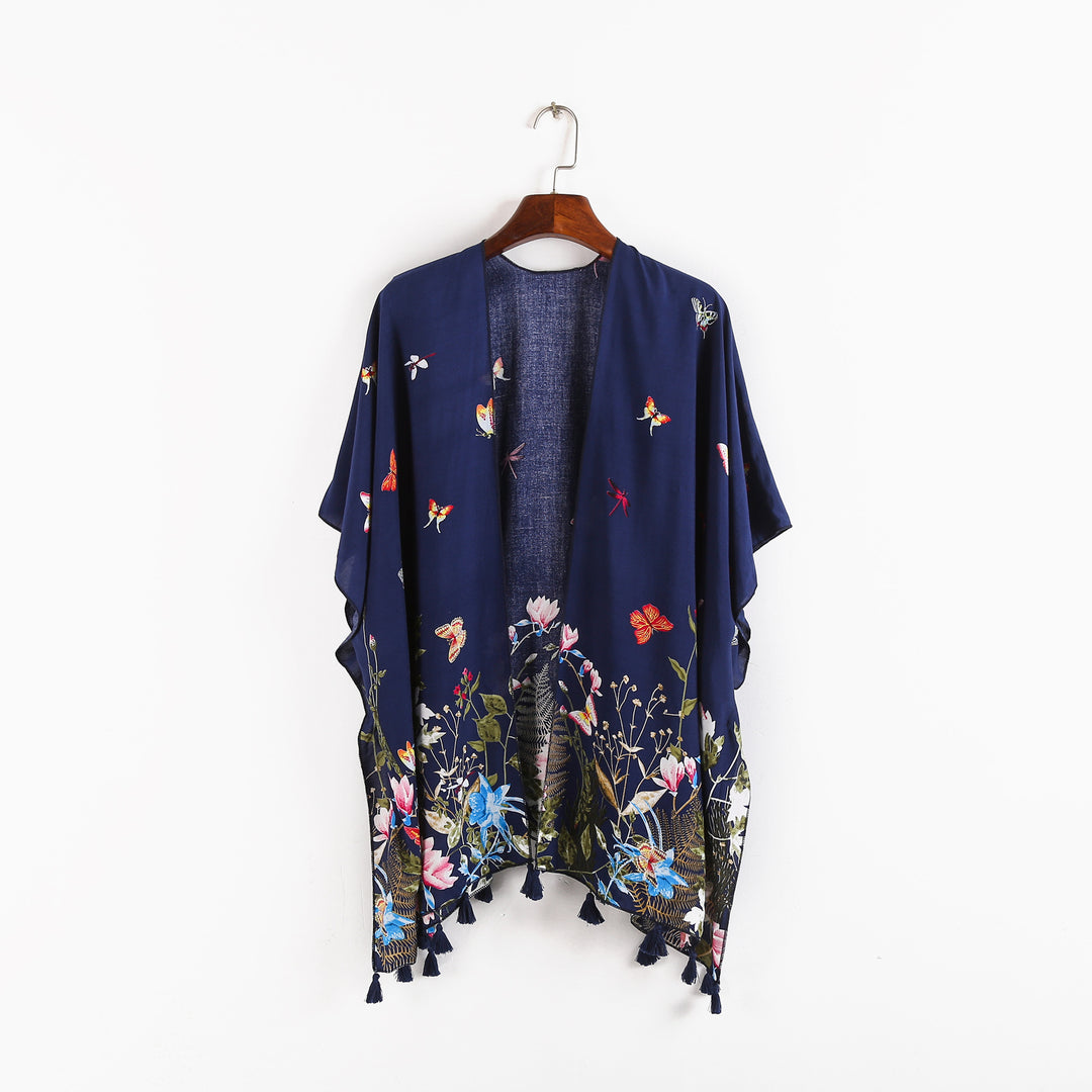 Damen Kaftan-Kimono-Überwurf mit floralem Print, Schmetterlingsstickerei und Quasten Shop Nory