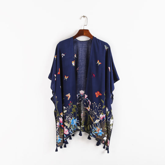 Damen Kaftan-Kimono-Überwurf mit floralem Print, Schmetterlingsstickerei und Quasten Shop Nory
