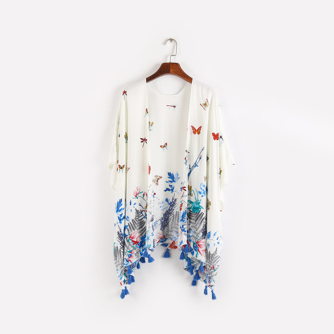 Damen Kaftan-Kimono-Überwurf mit floralem Print, Schmetterlingsstickerei und Quasten Shop Nory