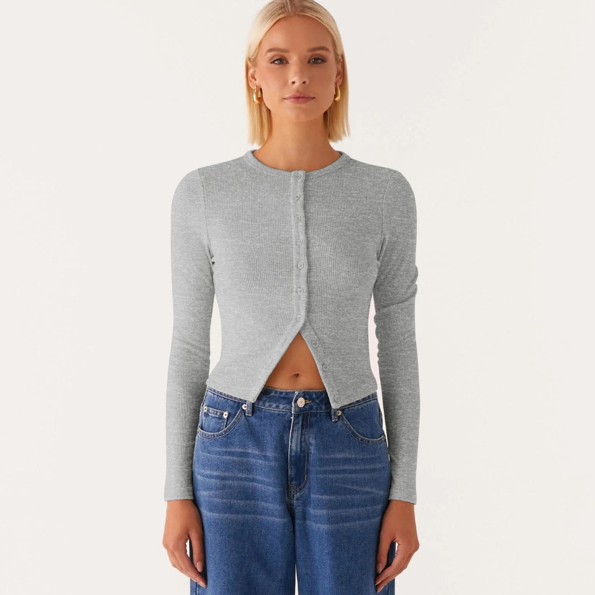 Einfarbige schmal geschnittene lange Strickjacke