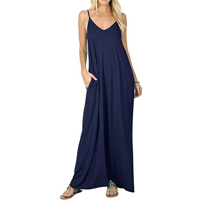 Damen Maxikleid mit verstellbaren Trägern und seitlichen Taschen