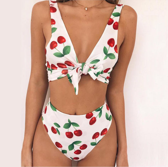 Damen Bikini-Set mit verspieltem Knoten und fruchtigem Kirschmuster Shopnory
