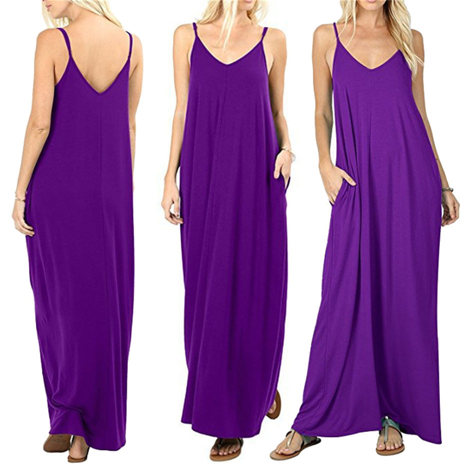 Damen Maxikleid mit verstellbaren Trägern und seitlichen Taschen