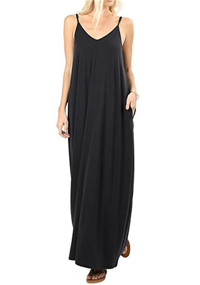 Damen Maxikleid mit verstellbaren Trägern und seitlichen Taschen