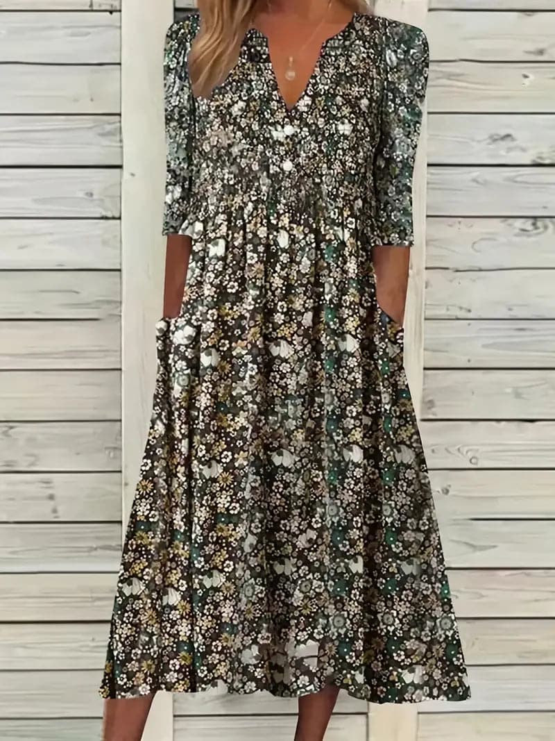 Midikleid A-Linie Passform V-Ausschnitt 3/4 Ärmel Blumenmuster