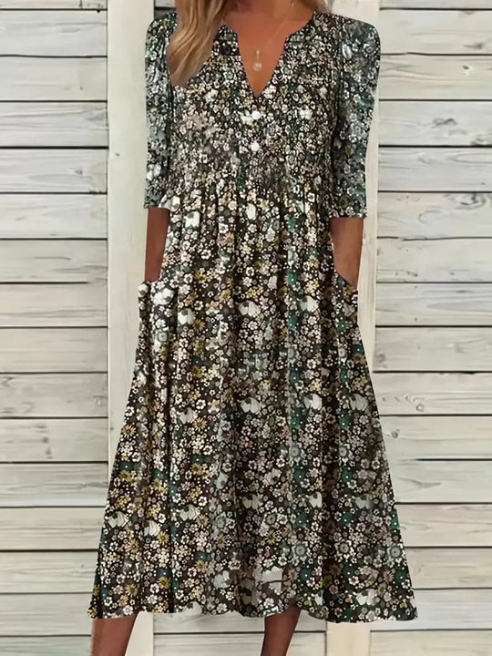 Midikleid A-Linie Passform V-Ausschnitt 3/4 Ärmel Blumenmuster