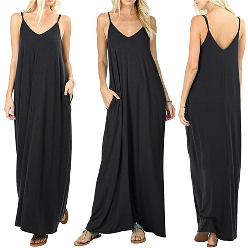 Damen Maxikleid mit verstellbaren Trägern und seitlichen Taschen