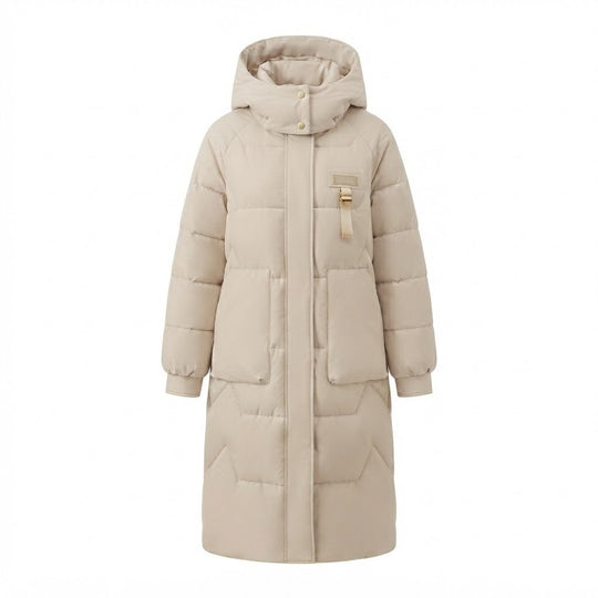 Damen Lange Thermo Steppjacke mit Übergroßer Kapuze und Windschutz Shop Nory