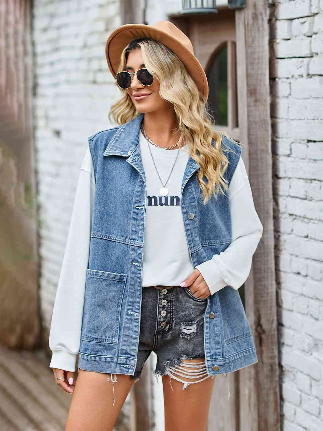 Knopf-Front Ärmellose Jeansjacke