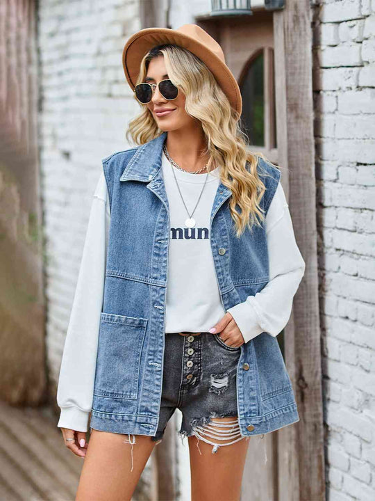 Knopf-Front Ärmellose Jeansjacke