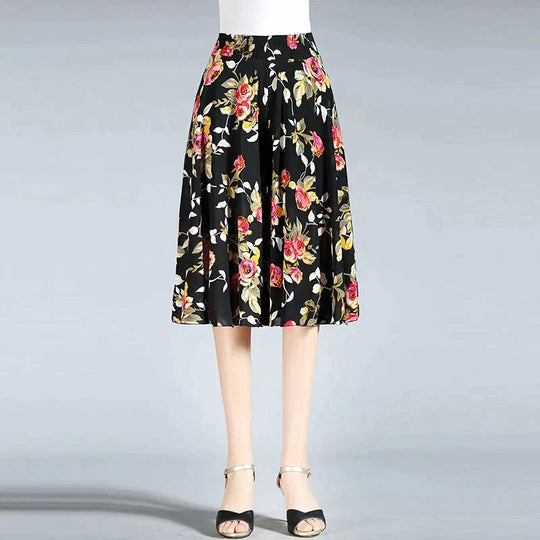 Damen Chiffon Culottes mit Breiten Beinen und Hoher Elastischer Taille