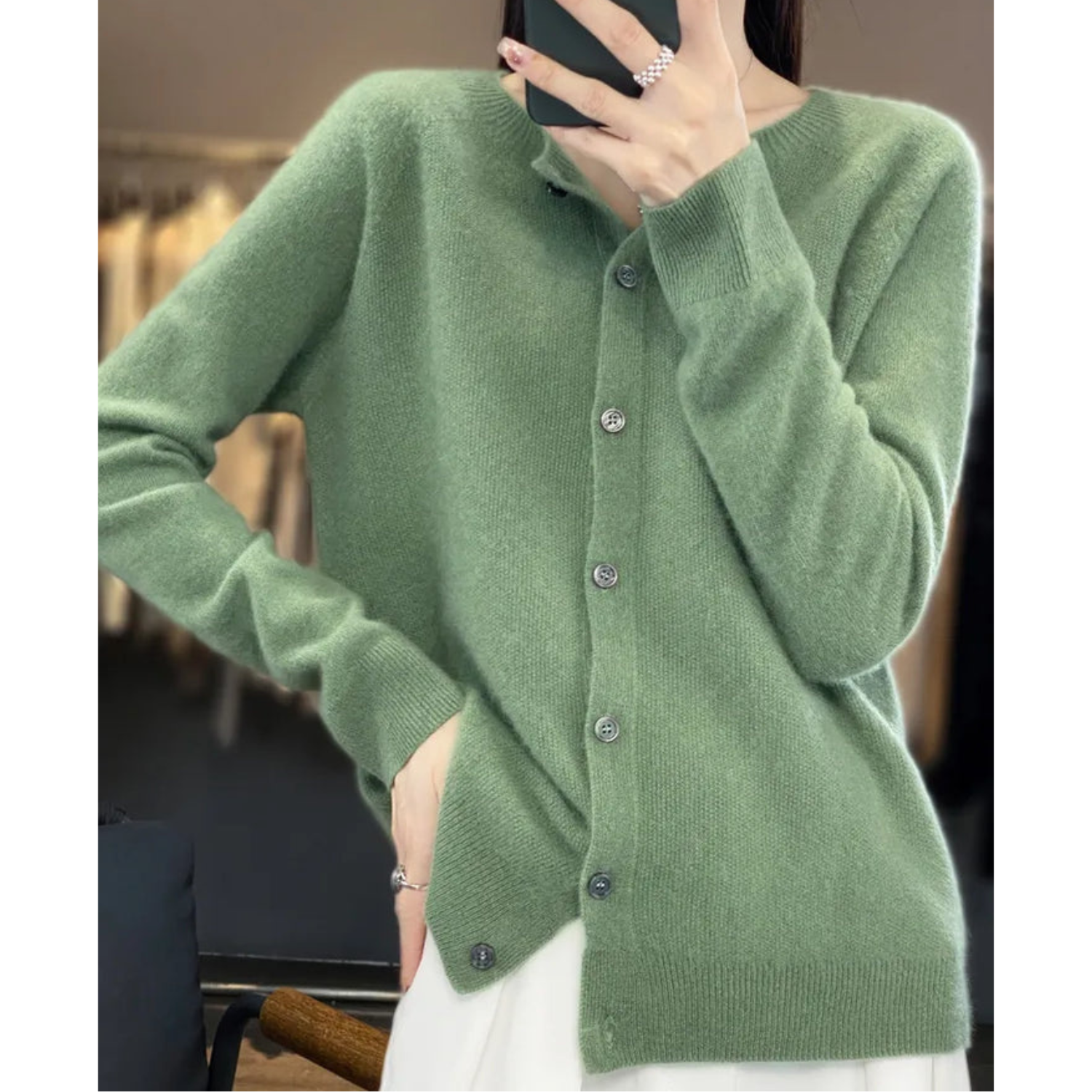 ShopNory | Merinowolle Damen O-Ausschnitt gestrickte Strickjacke Pullover