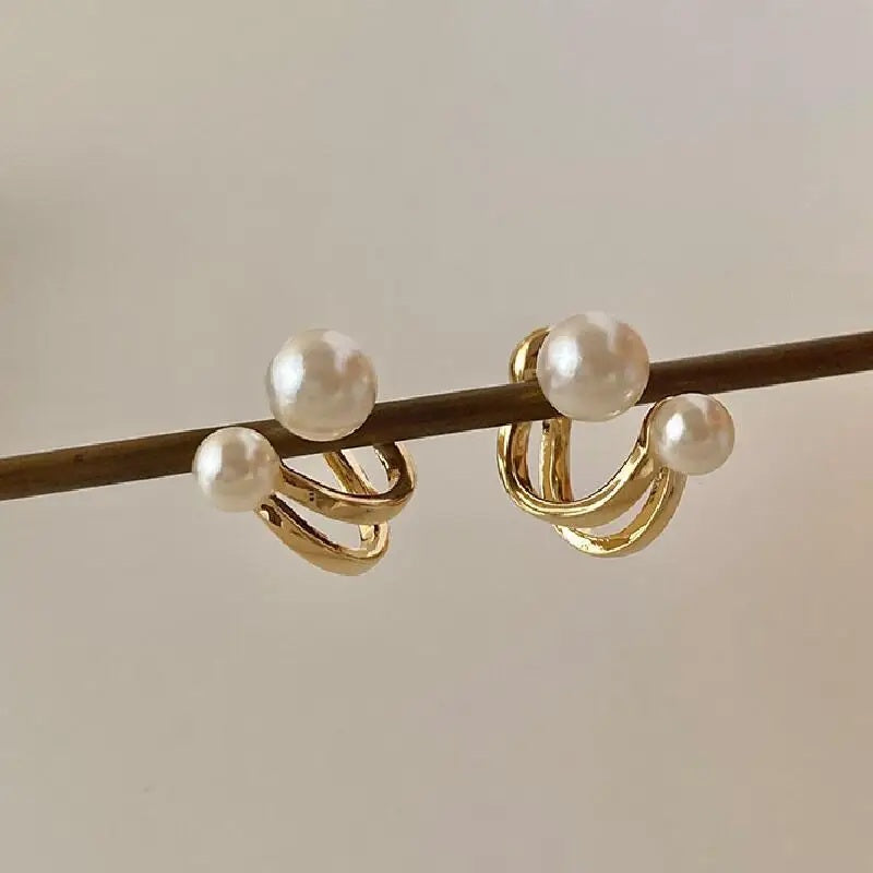 Damen Gold Doppelseitige Simulierte Perlen Doppelschicht0 Haken Stud Ohrringe | Shop Nory