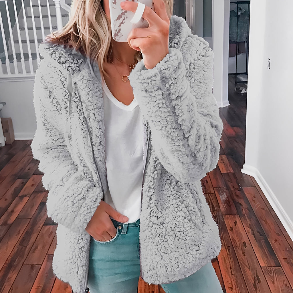 Lässige Teddy-Fleece-Hoodie-Jacke für Frauen