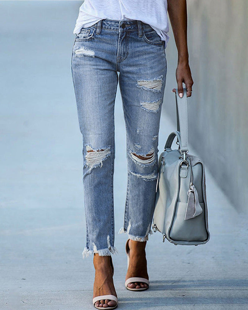 Damen Schicke Zerfledderte Jeans Denim