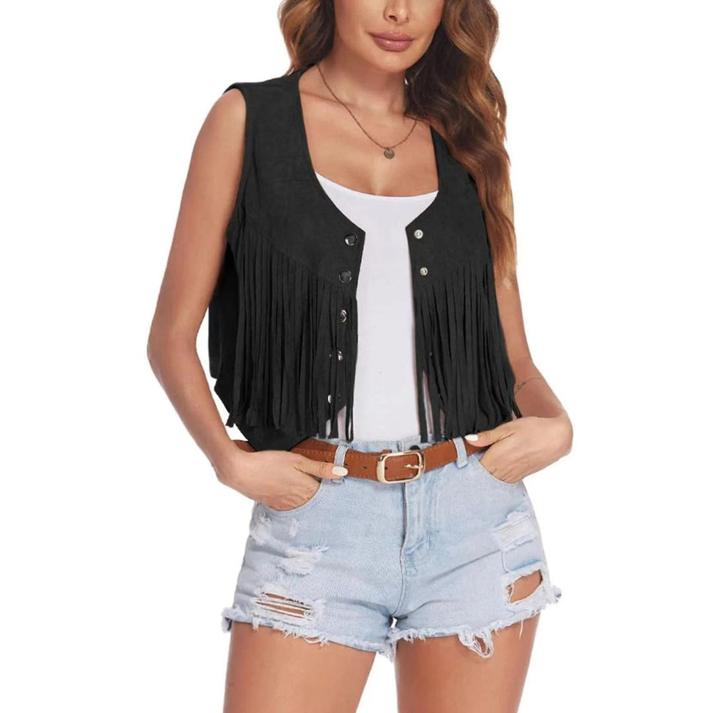 Shopnory | Wildleder-Weste mit Fransen und Knopfdetail