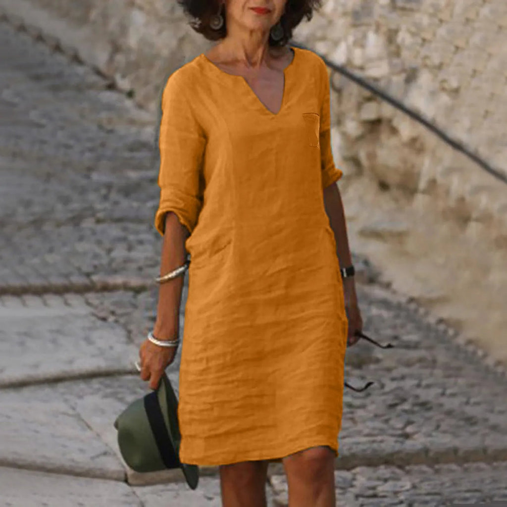 Rona Leinen Shiftkleid mit V-Ausschnitt und Taschen