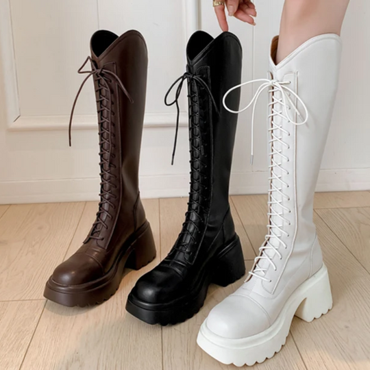 Hohe Stiefel Damenstiefel mit Schnürung und Robuster Ferse
