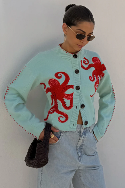 Küstenstrickjacke mit Oktopus-Motiv und Kontrastpaspelierung