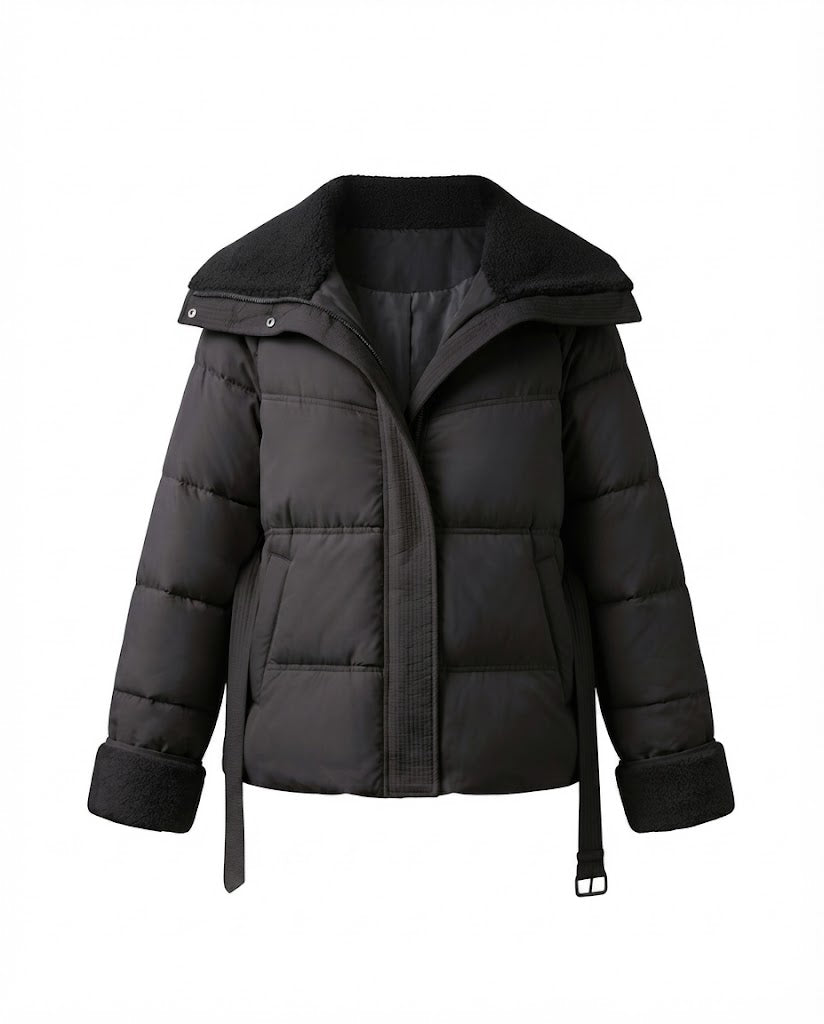 Damen kurze gepolsterte gesteppte Parka mit voluminösem Teddy-Kragen, tailliertem Gürtel und verdecktem Reißverschluss