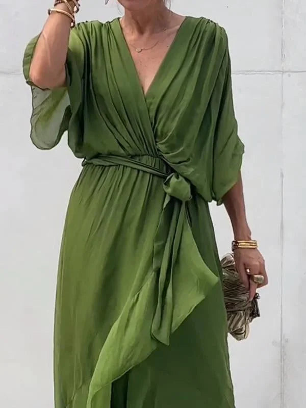 Damen Chiffonkleid Grün V-Ausschnitt Sommerkleid